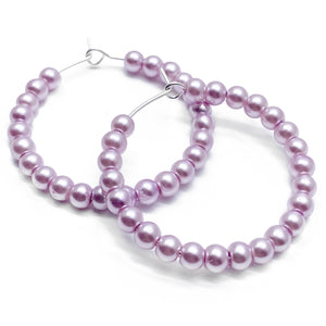 Baby Pink Glass Bead Silver Plated Hoops : 35mm Diameter