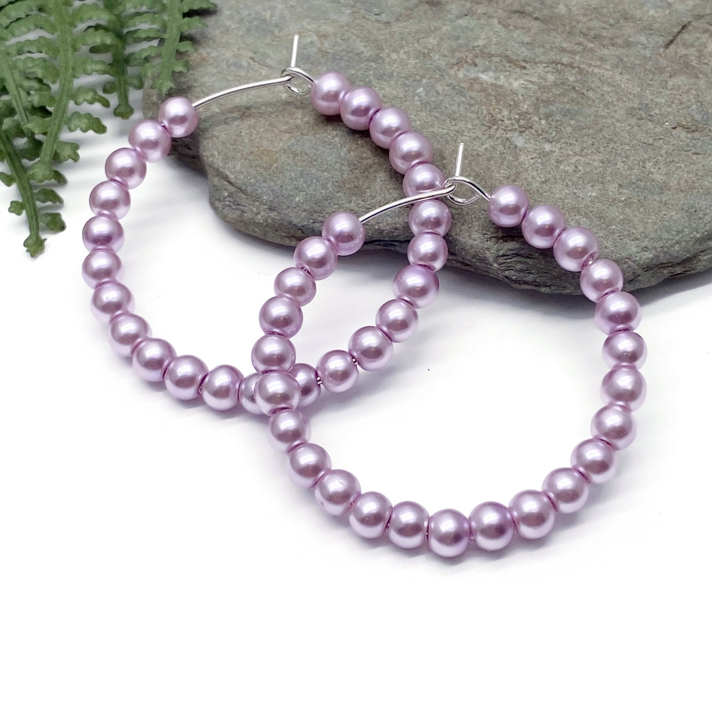 Baby Pink Glass Bead Silver Plated Hoops : 35mm Diameter