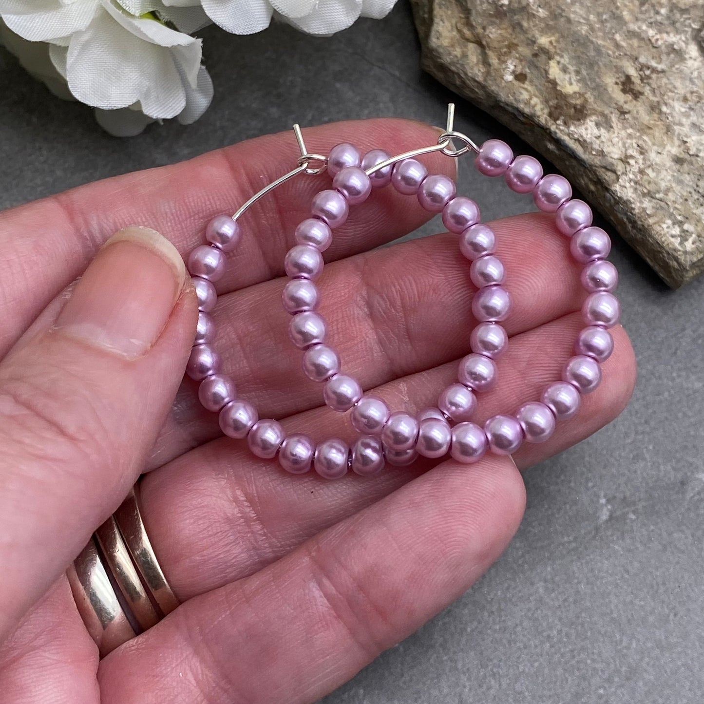 Baby Pink Glass Bead Silver Plated Hoops : 35mm Diameter