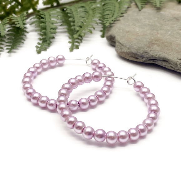 Baby Pink Glass Bead Silver Plated Hoops 35mm