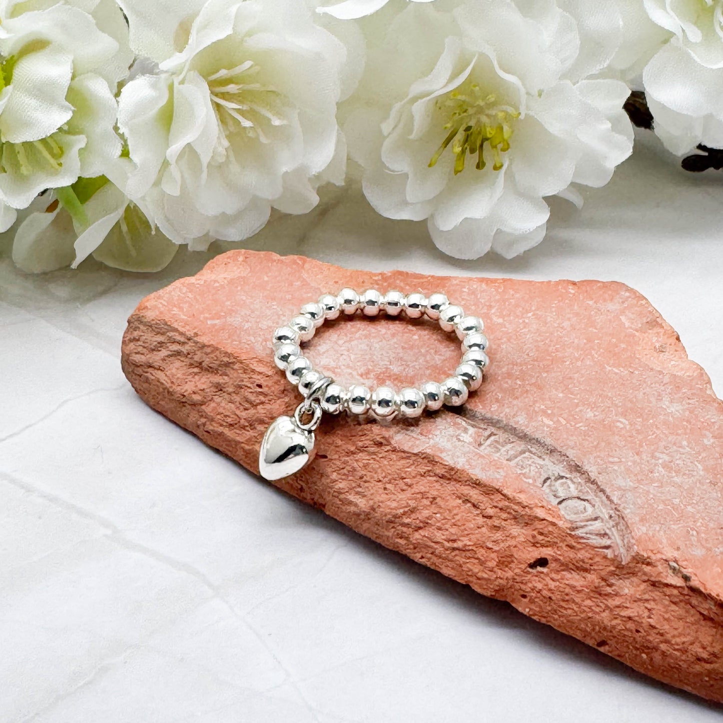 Heart Charm Stretch Ring with Silver Plated Beads