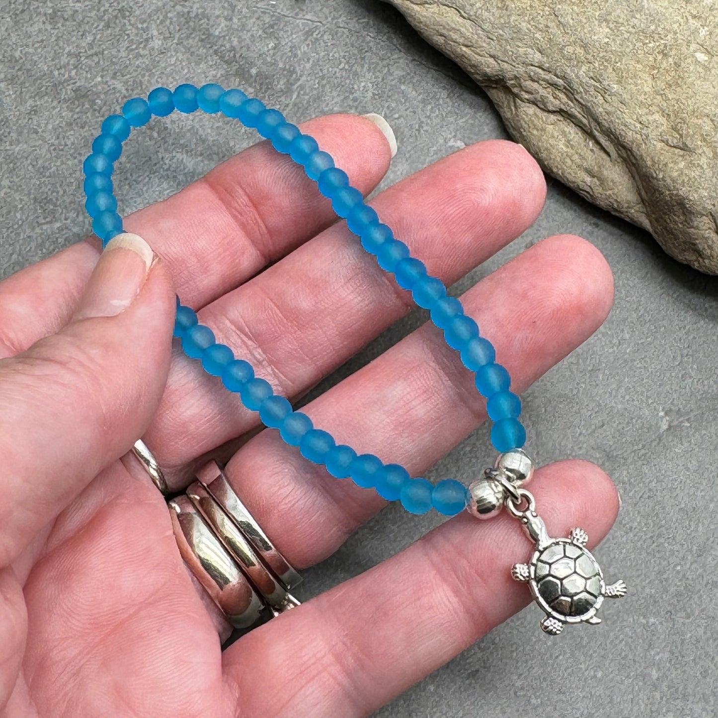 Turtle Charm Frosted Bead Bracelet - Colour Choice