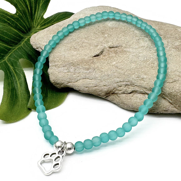 Paw Print Charm Frosted Bead Anklet - Colour Choice