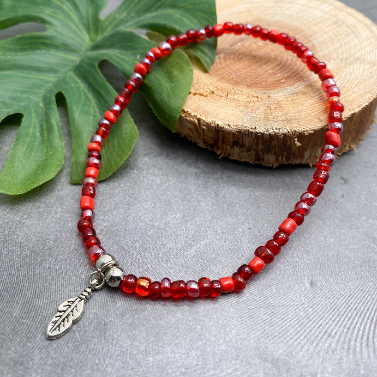 Feather Charm Seed Bead Anklet - Colour Choice