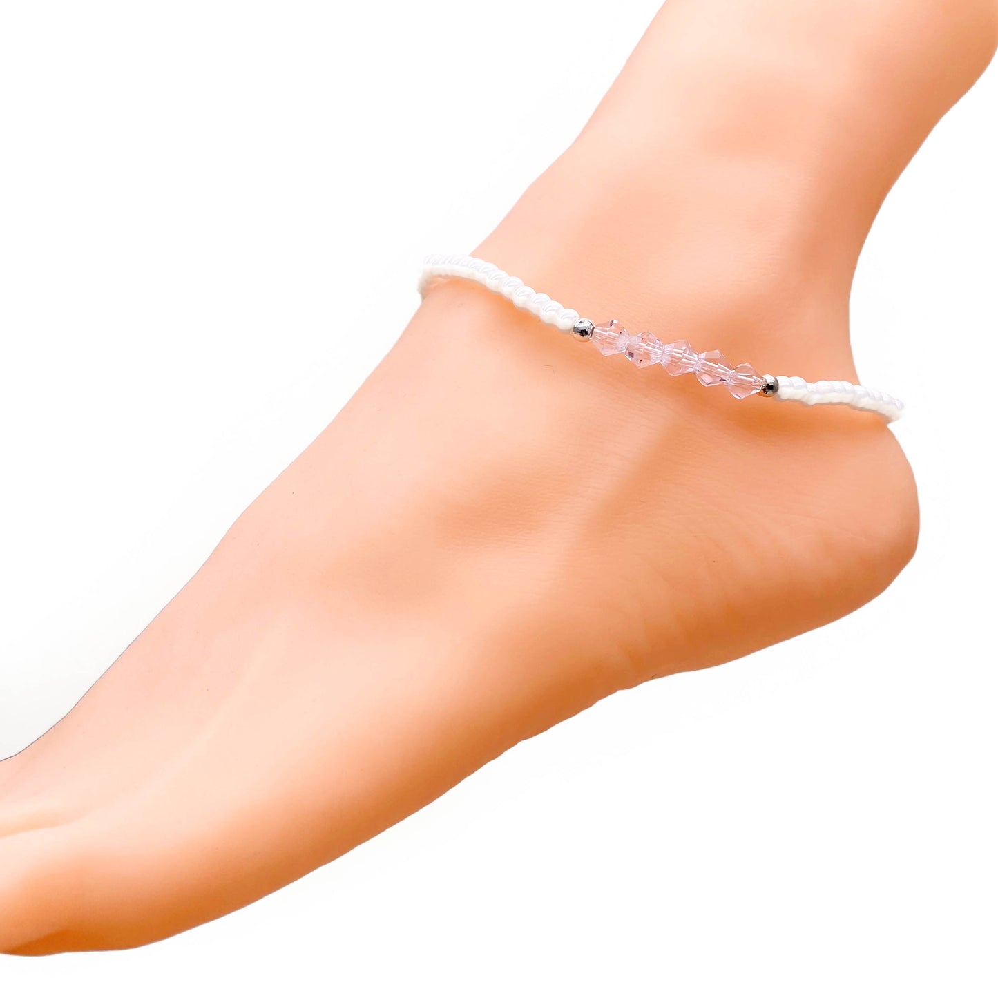 Pink Bicone White Glass Seed Bead Anklet
