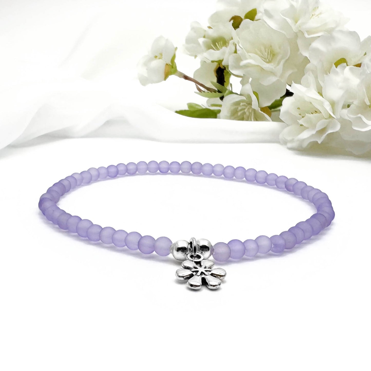 Daisy Flower Charm Frosted Bead Anklet - Colour Choice