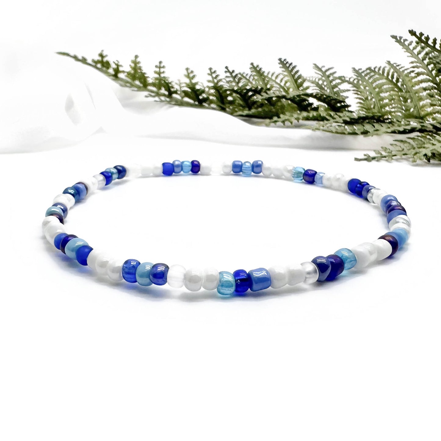 Blue and White Glass Seed Bead Anklet