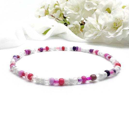 Pink and White Glass Seed Bead Anklet