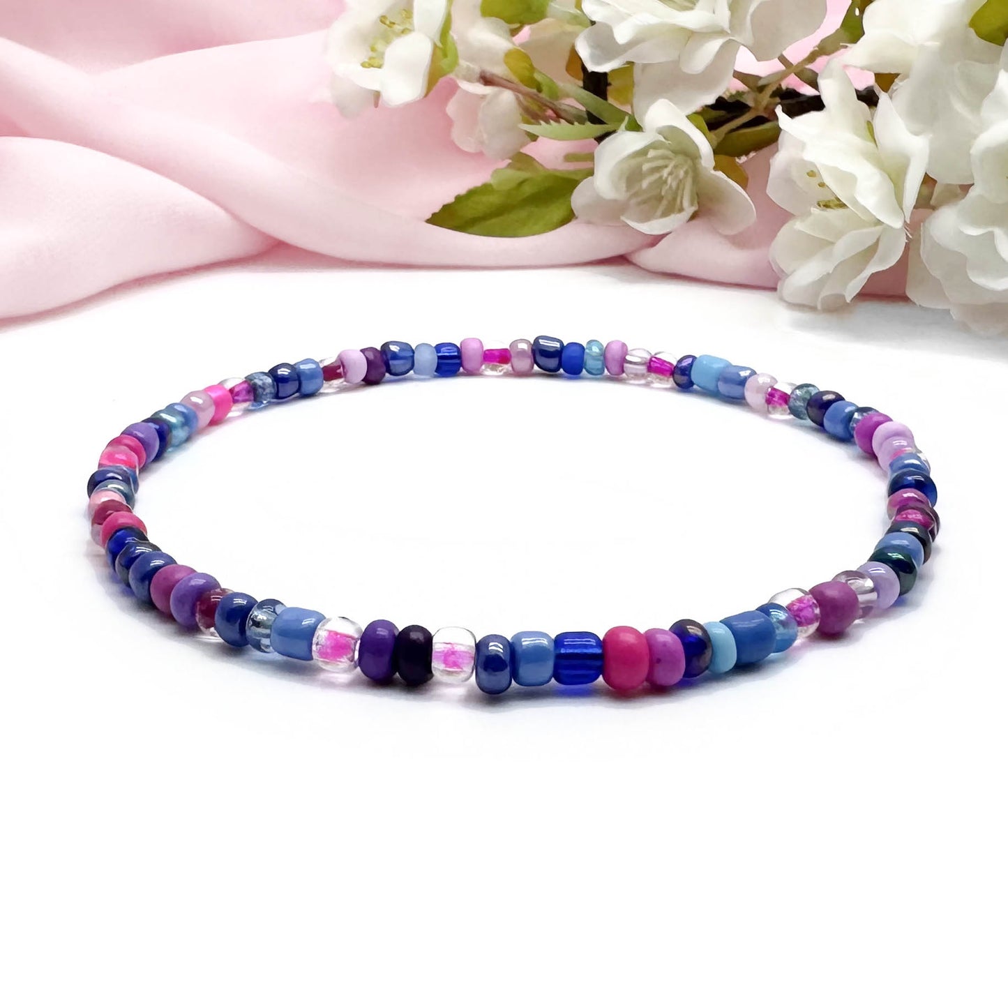 Blue and Pink Glass Seed Bead Anklet