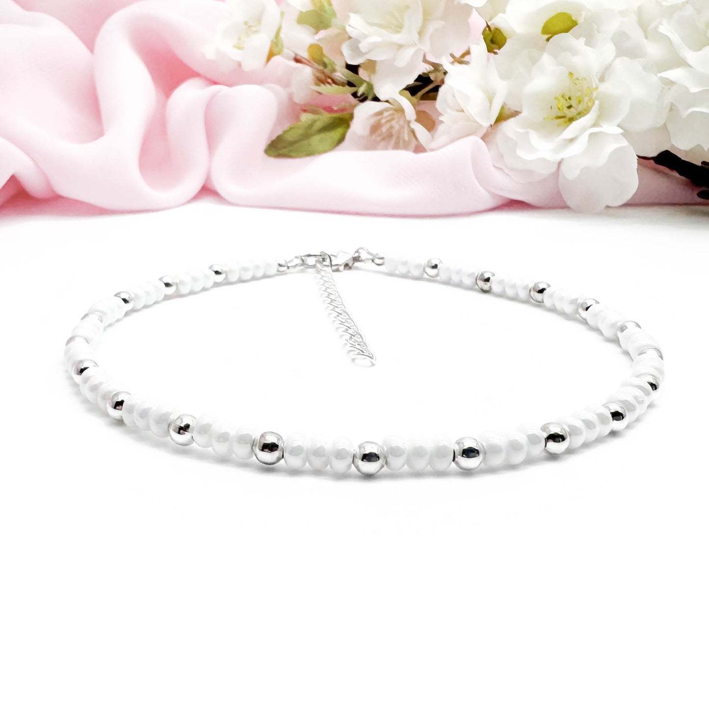 Plus Size White Glass Bead Anklet with Silver Plated Beads