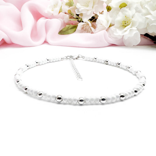Plus Size White Glass Bead Anklet with Silver Plated Beads