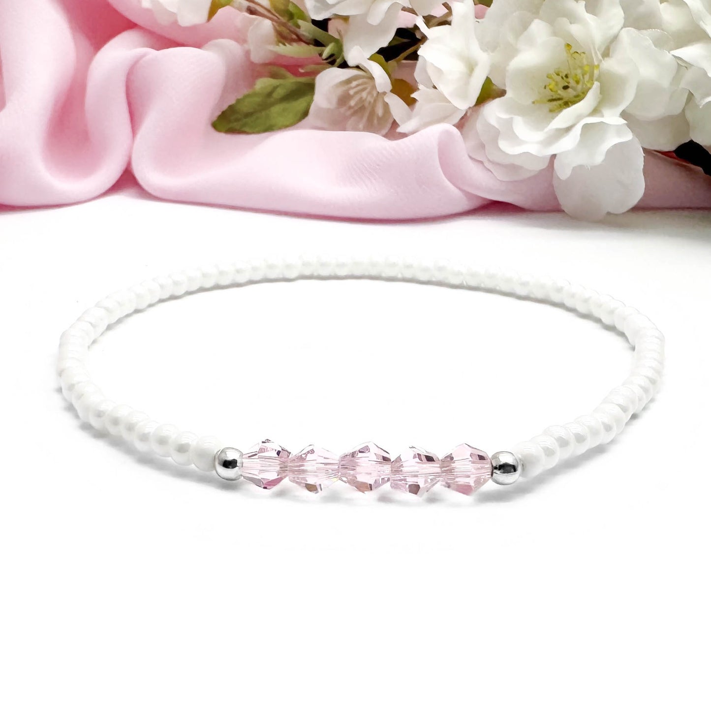 Pink Bicone White Glass Seed Bead Anklet