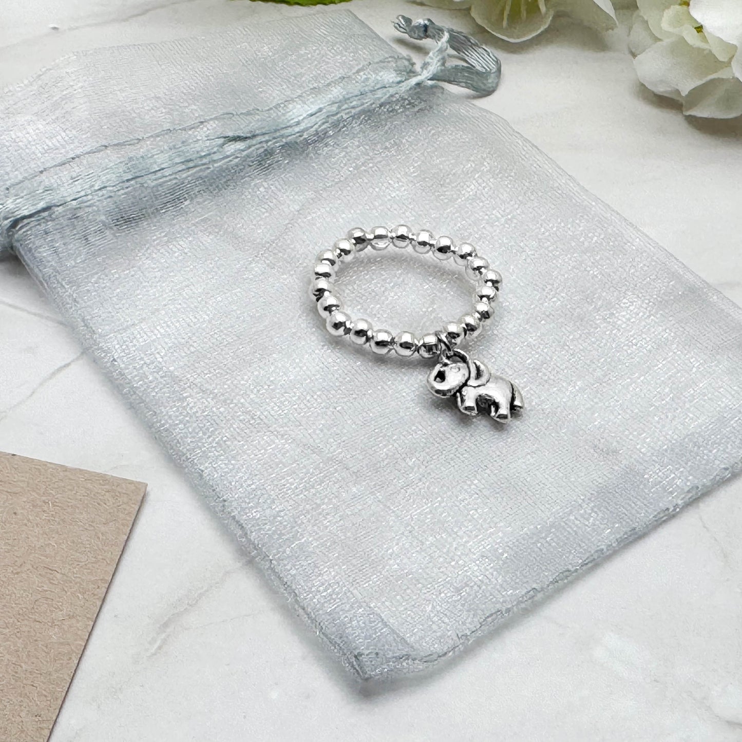Elephant Charm Stretch Ring with Silver Plated Beads