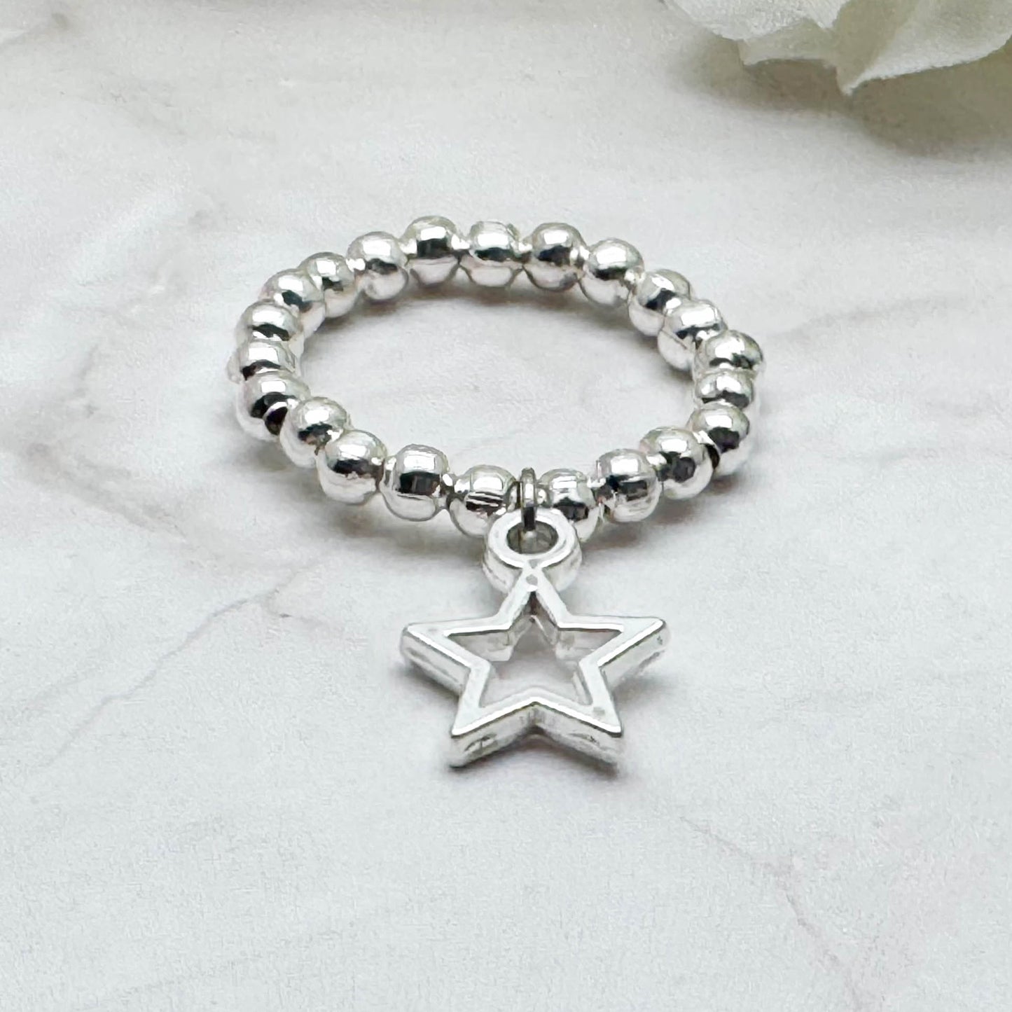 Star Charm Stretch Ring with Silver Plated Beads