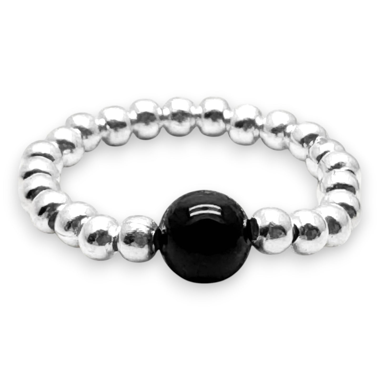 Black Onyx Stretch Ring with Silver Plated Beads