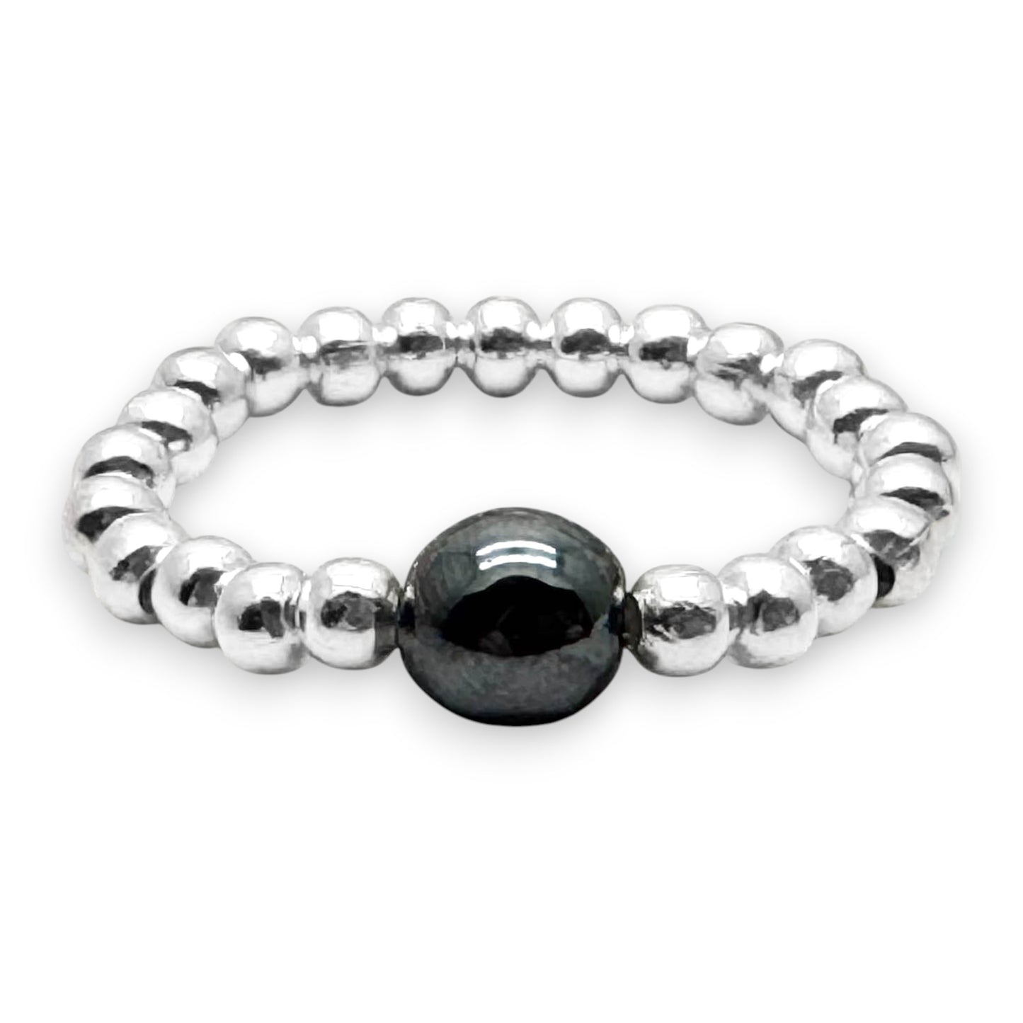 Hematite Stretch Ring with Silver Plated Beads