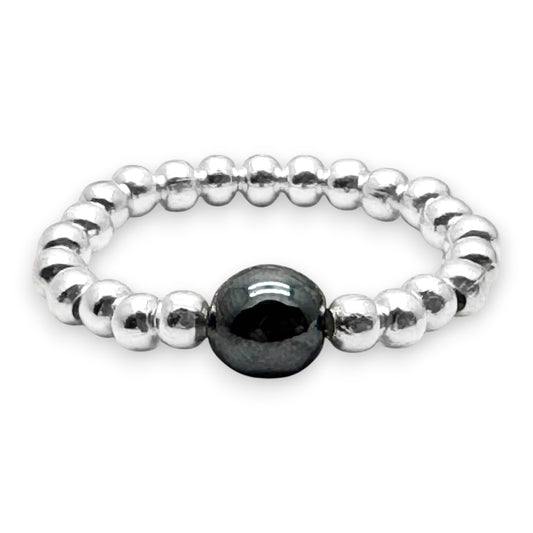 Hematite Stretch Ring with Silver Plated Beads