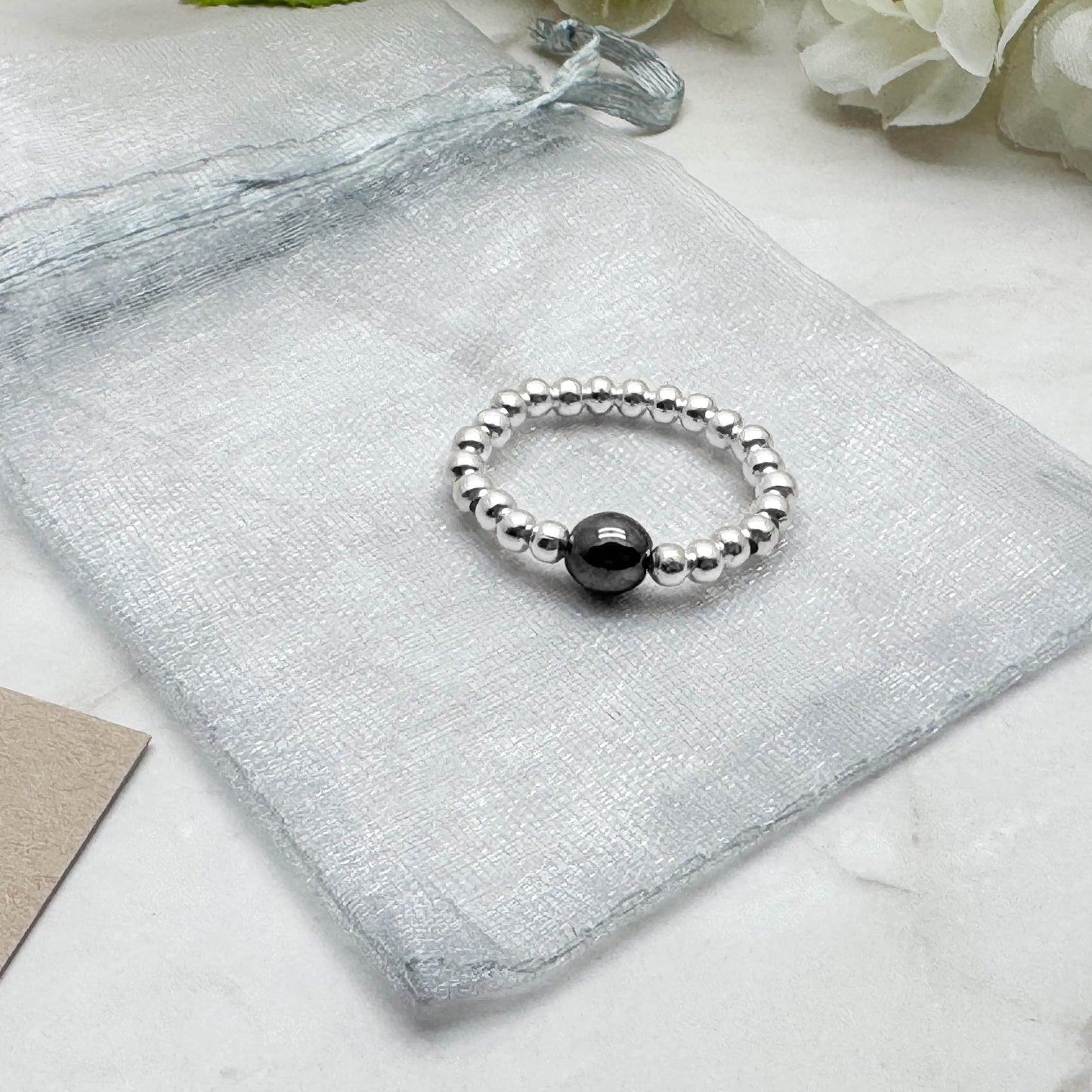 Hematite Stretch Ring with Silver Plated Beads