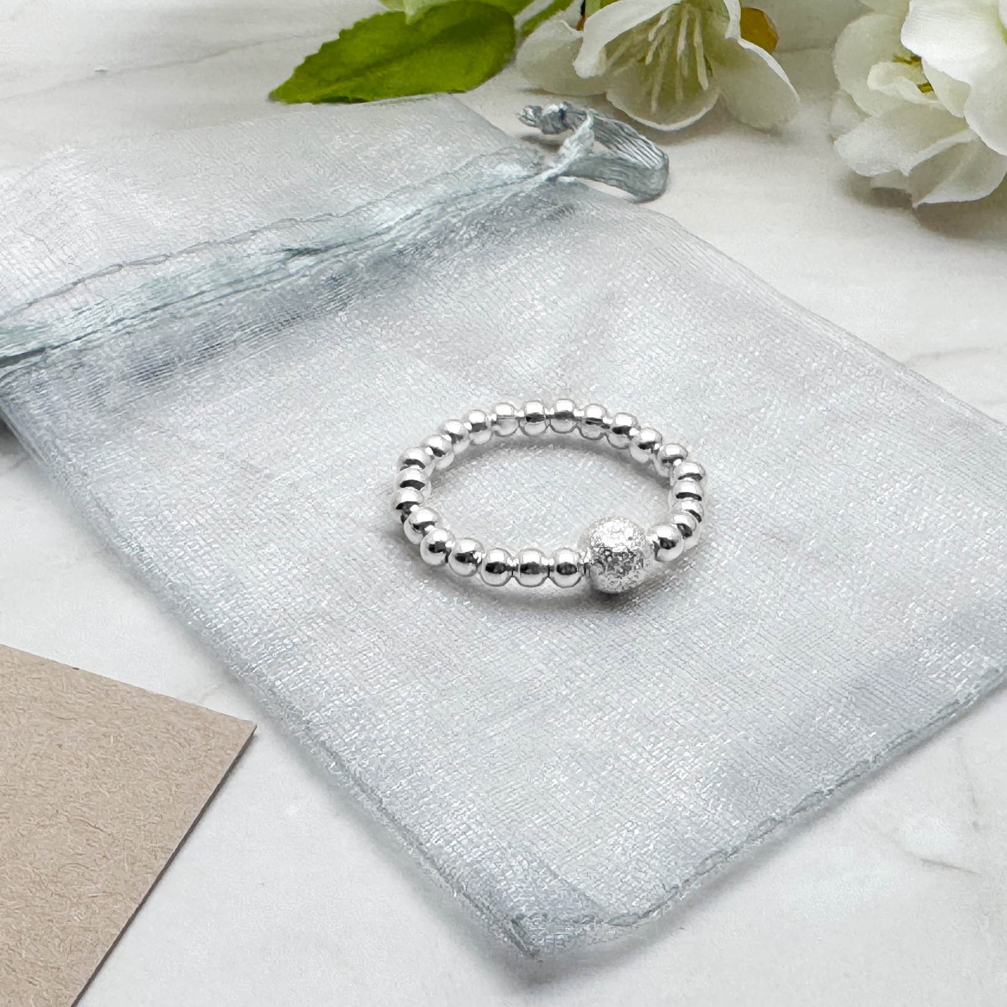 Stardust Charm Stretch Ring with Silver Plated Beads