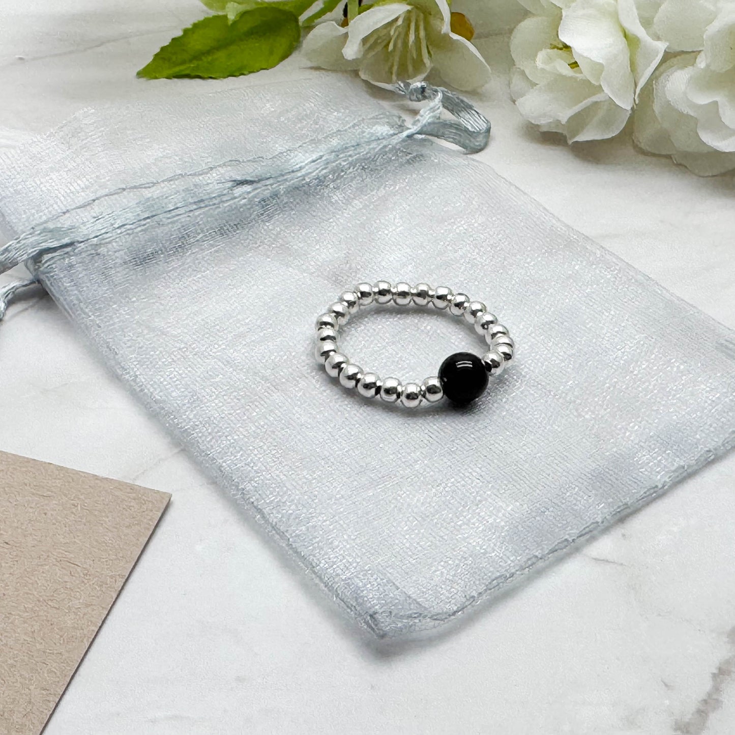 Black Onyx Stretch Ring with Silver Plated Beads