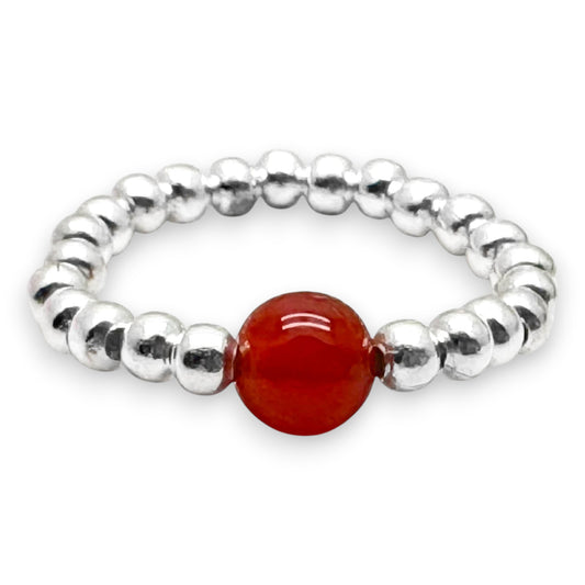 Carnelian Stretch Ring with Silver Plated Beads