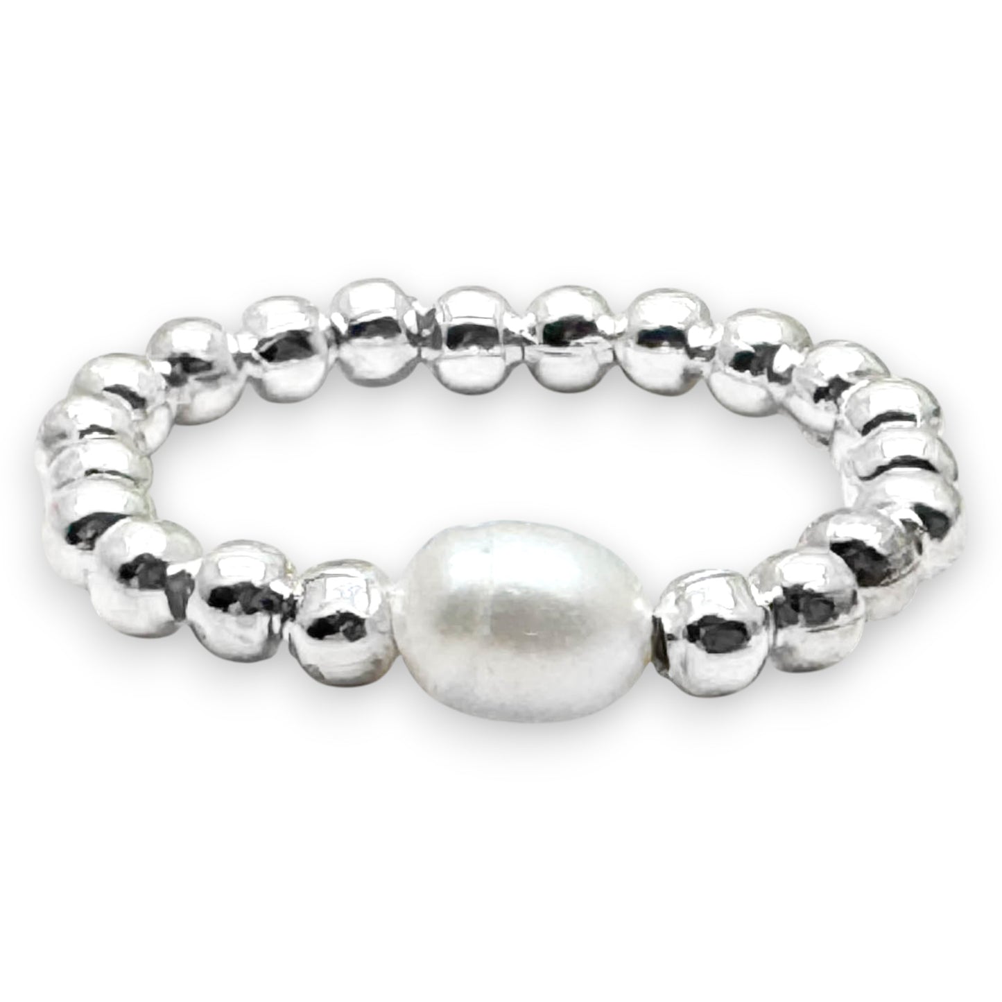 White Pearl Stretch Ring with Silver Plated Beads