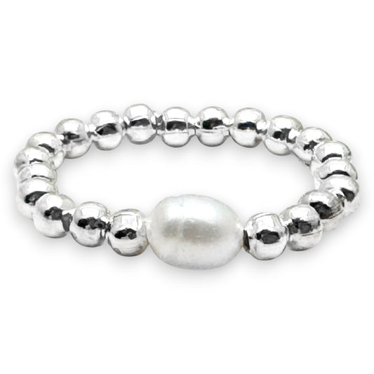 White Pearl Stretch Ring with Silver Plated Beads