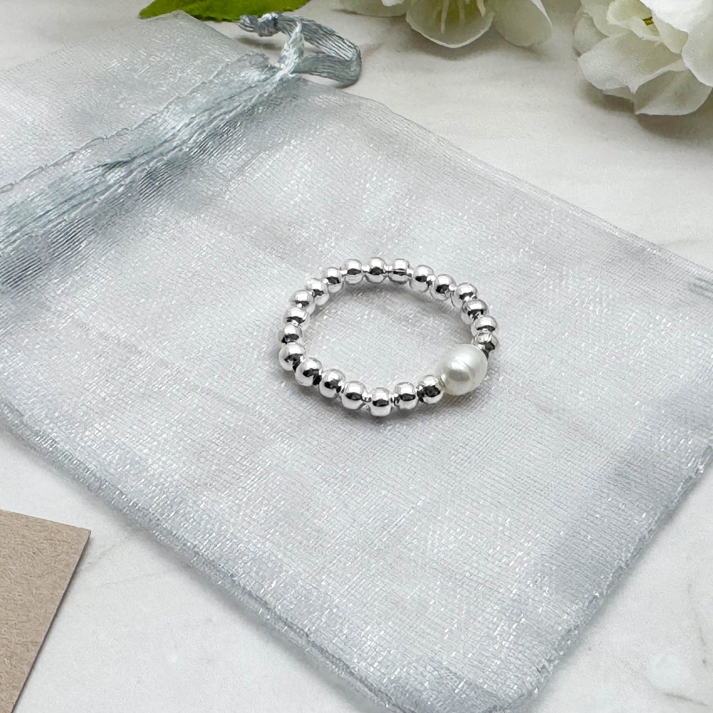 White Pearl Stretch Ring with Silver Plated Beads