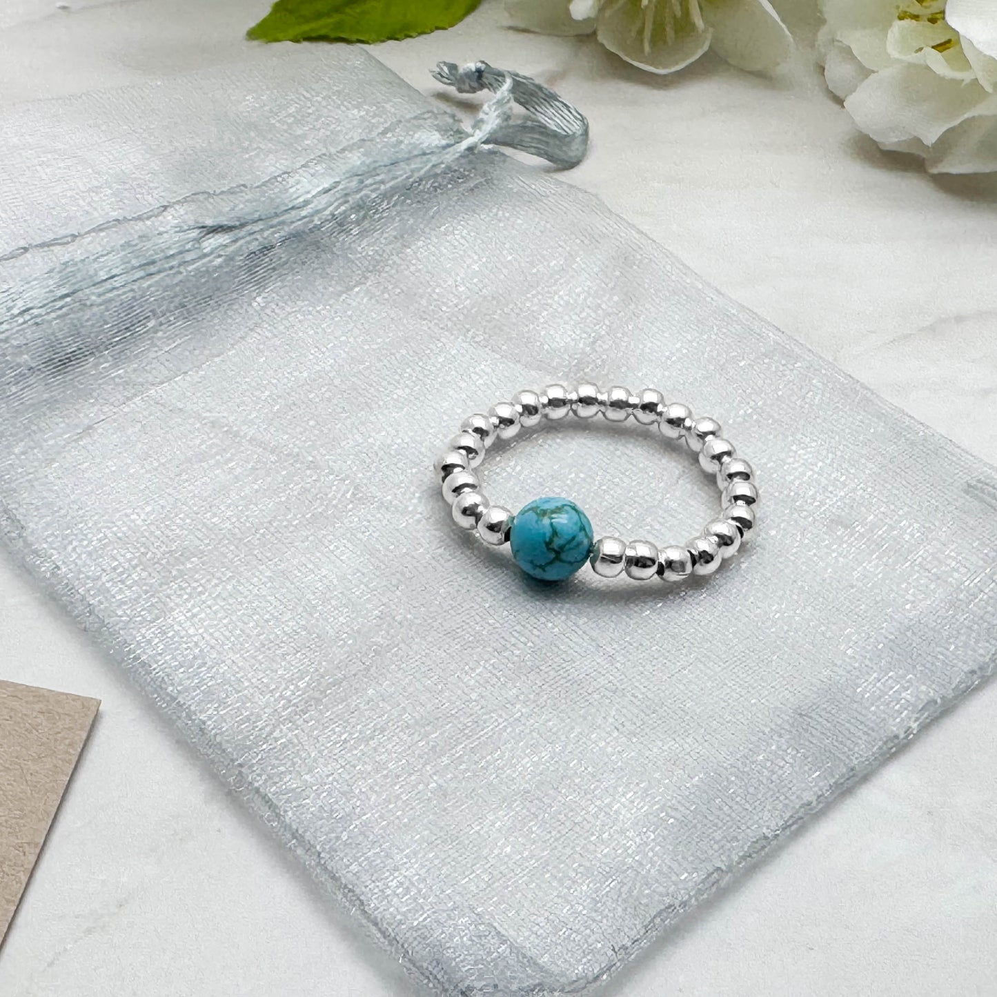 Turquoise Stretch Ring with Silver Plated Beads