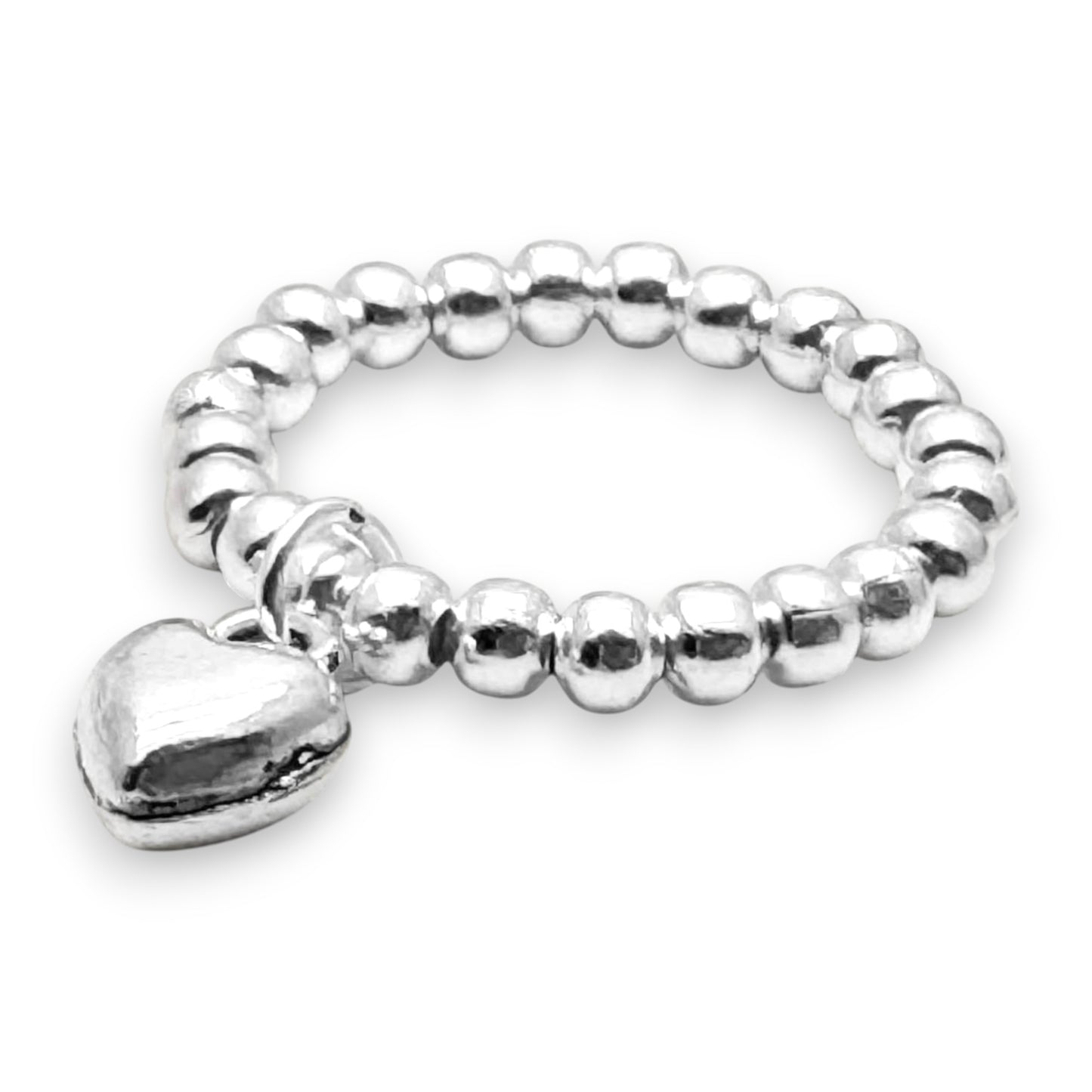 Heart Charm Stretch Ring with Silver Plated Beads