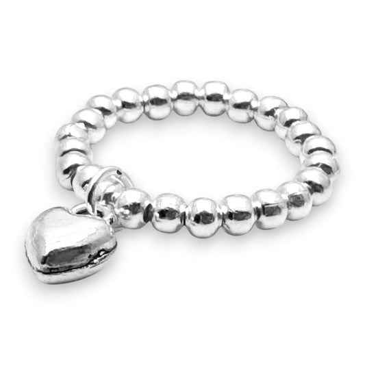 Heart Charm Stretch Ring with Silver Plated Beads