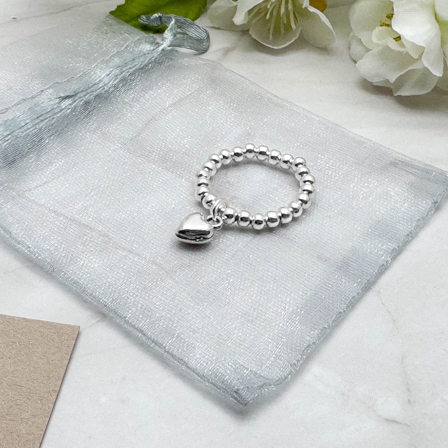 Heart Charm Stretch Ring with Silver Plated Beads