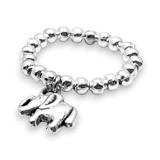 Elephant Charm Stretch Ring with Silver Plated Beads