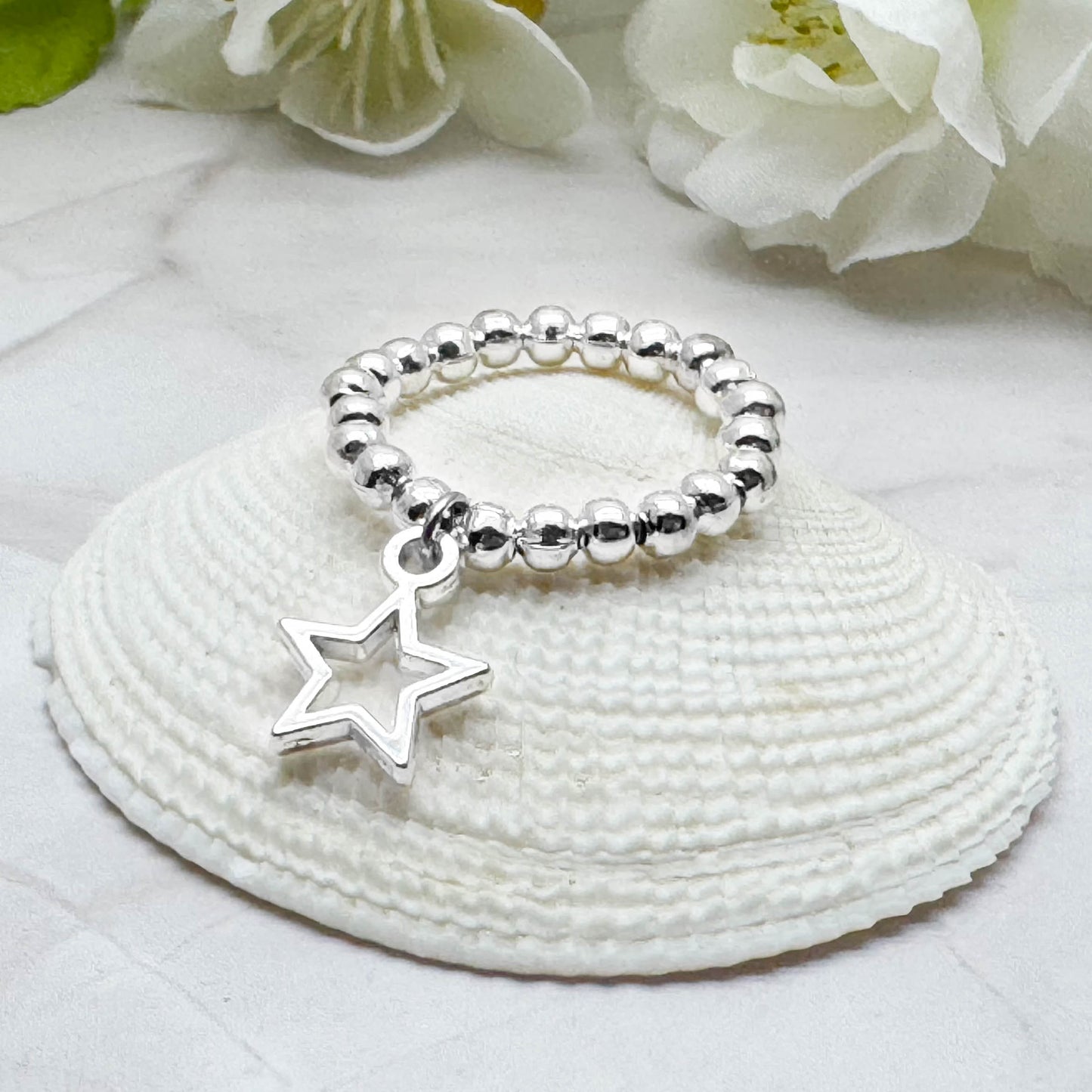 Star Charm Stretch Ring with Silver Plated Beads