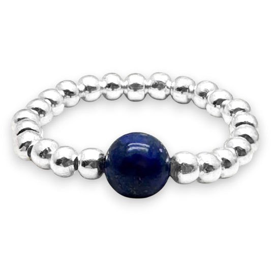 Lapis Lazuli Stretch Ring with Silver Plated Beads