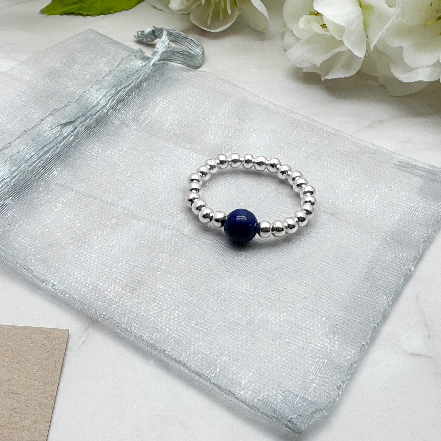 Lapis Lazuli Stretch Ring with Silver Plated Beads