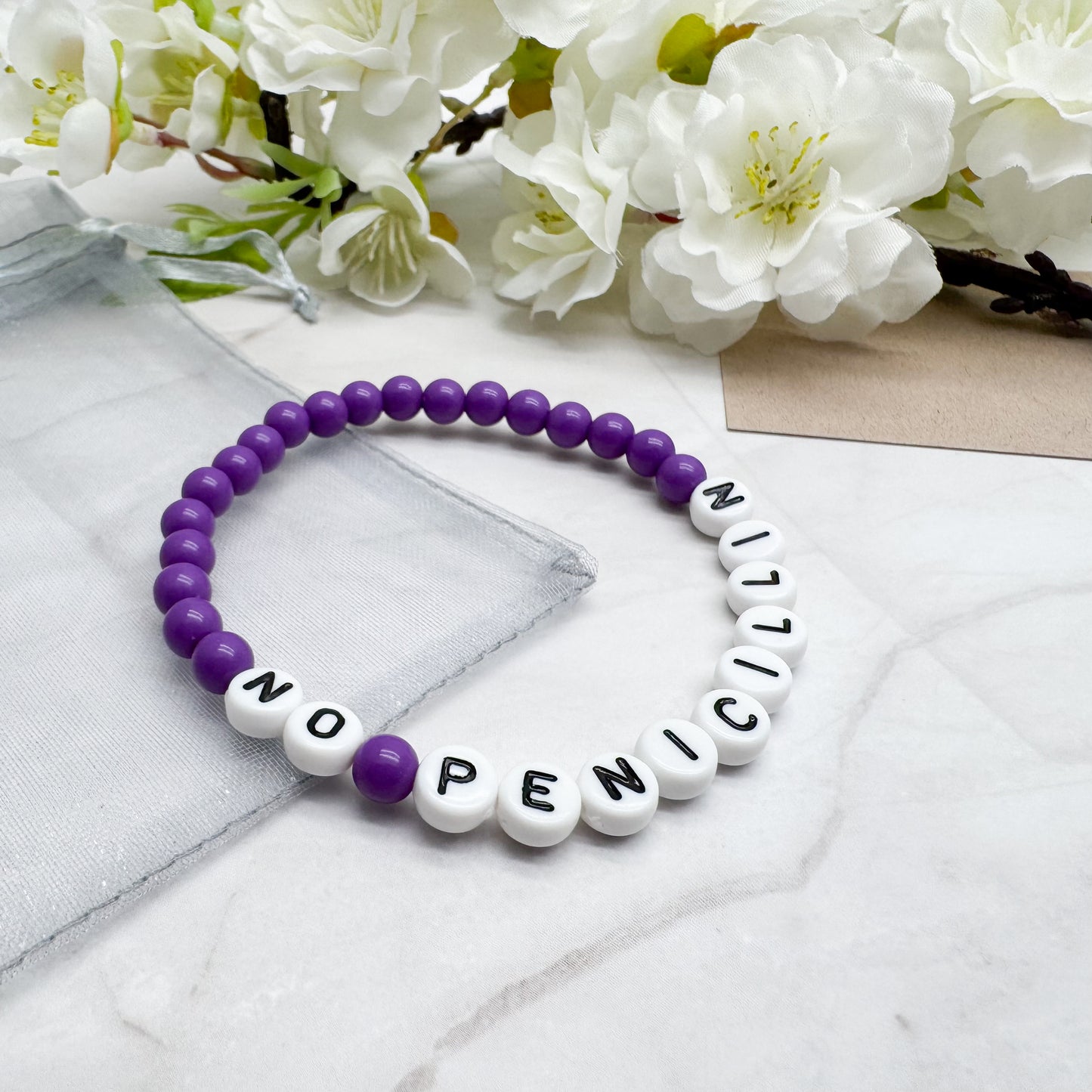 NO PENICILLIN Medical Alert Bracelet - Acrylic Letter Beads