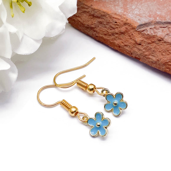 Tiny Blue Flower Charm Earrings