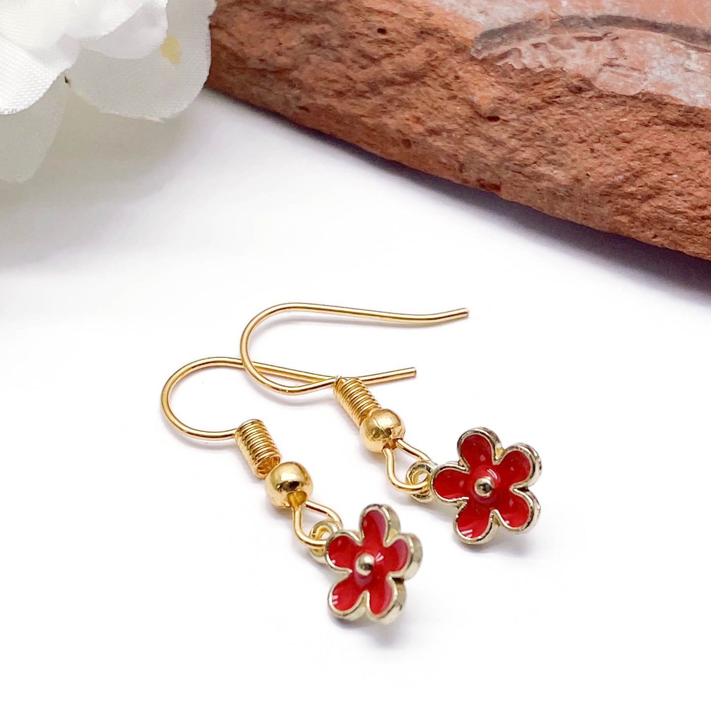 Tiny Red Flower Charm Earrings