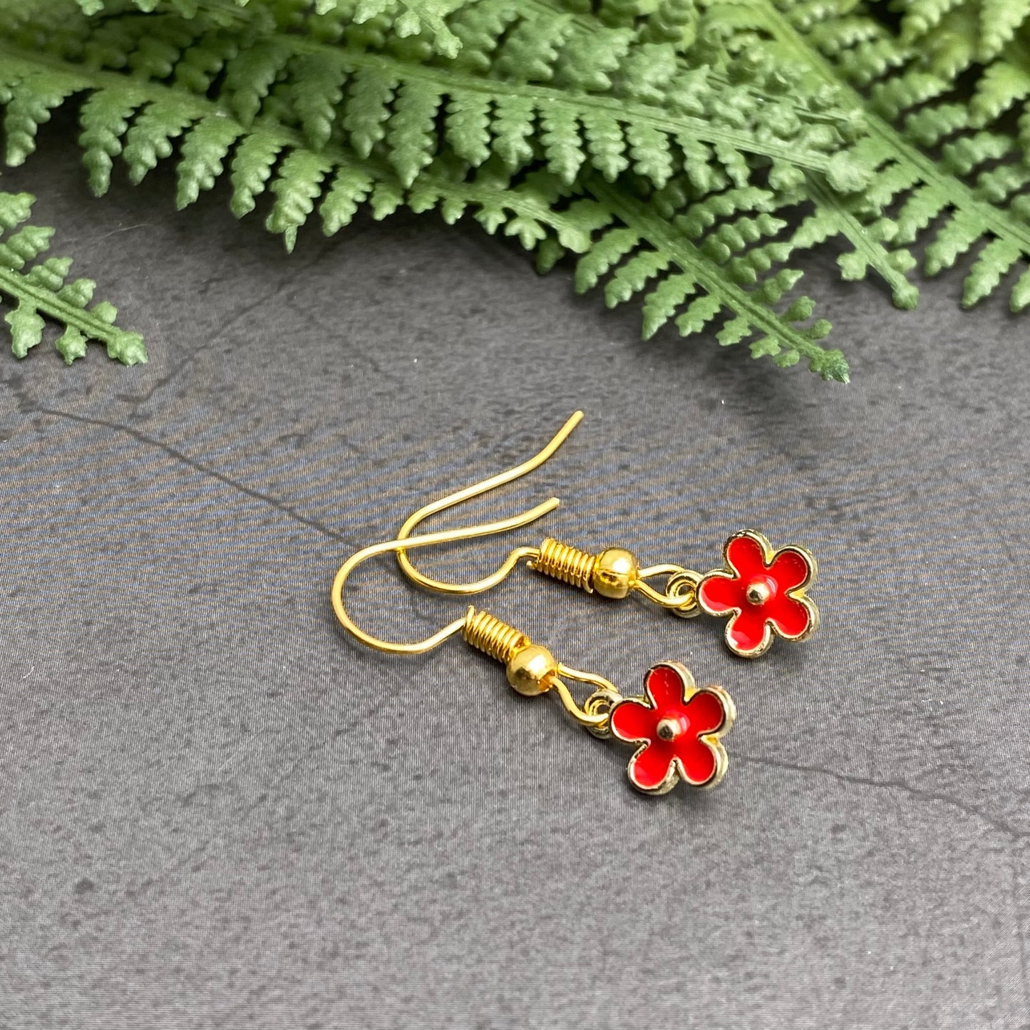 Tiny Red Flower Charm Earrings