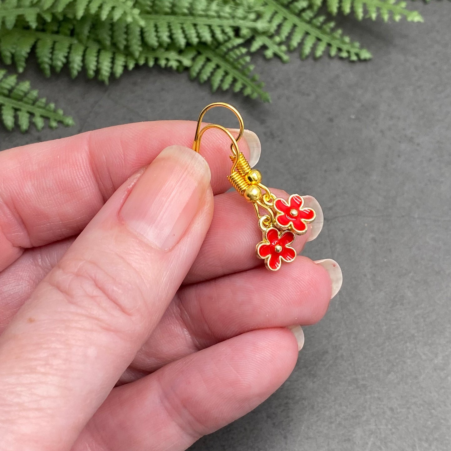 Tiny Red Flower Charm Earrings