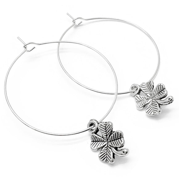 Lucky Clover Charm Silver Plated Hoops : 35mm Diameter