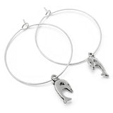 Dolphin Charm Silver Plated Hoop Earrings : 35mm Diameter