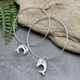 Dolphin Charm Silver Plated Hoop Earrings : 35mm Diameter