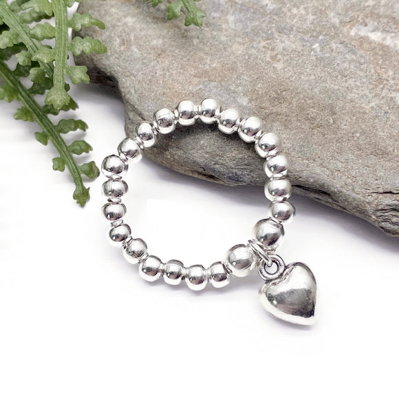 Heart Charm Stretch Ring with Silver Plated Beads