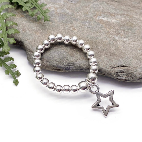 Star Charm Stretch Ring with Silver Plated Beads