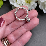 Heart Charm Stretch Ring with Silver Plated Beads