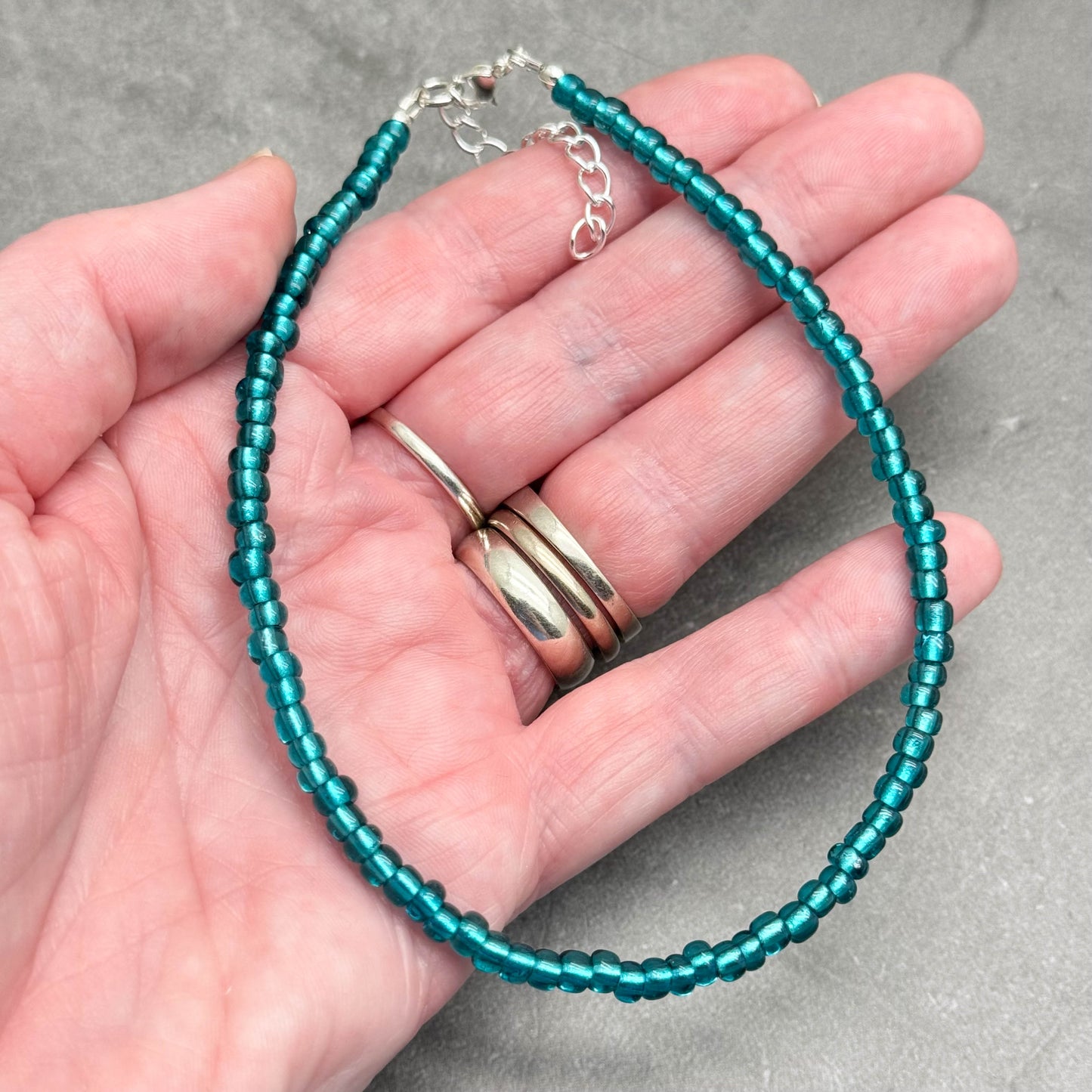 Plus Size Teal Green Bead Anklet with Shimmery Glass Seed Beads