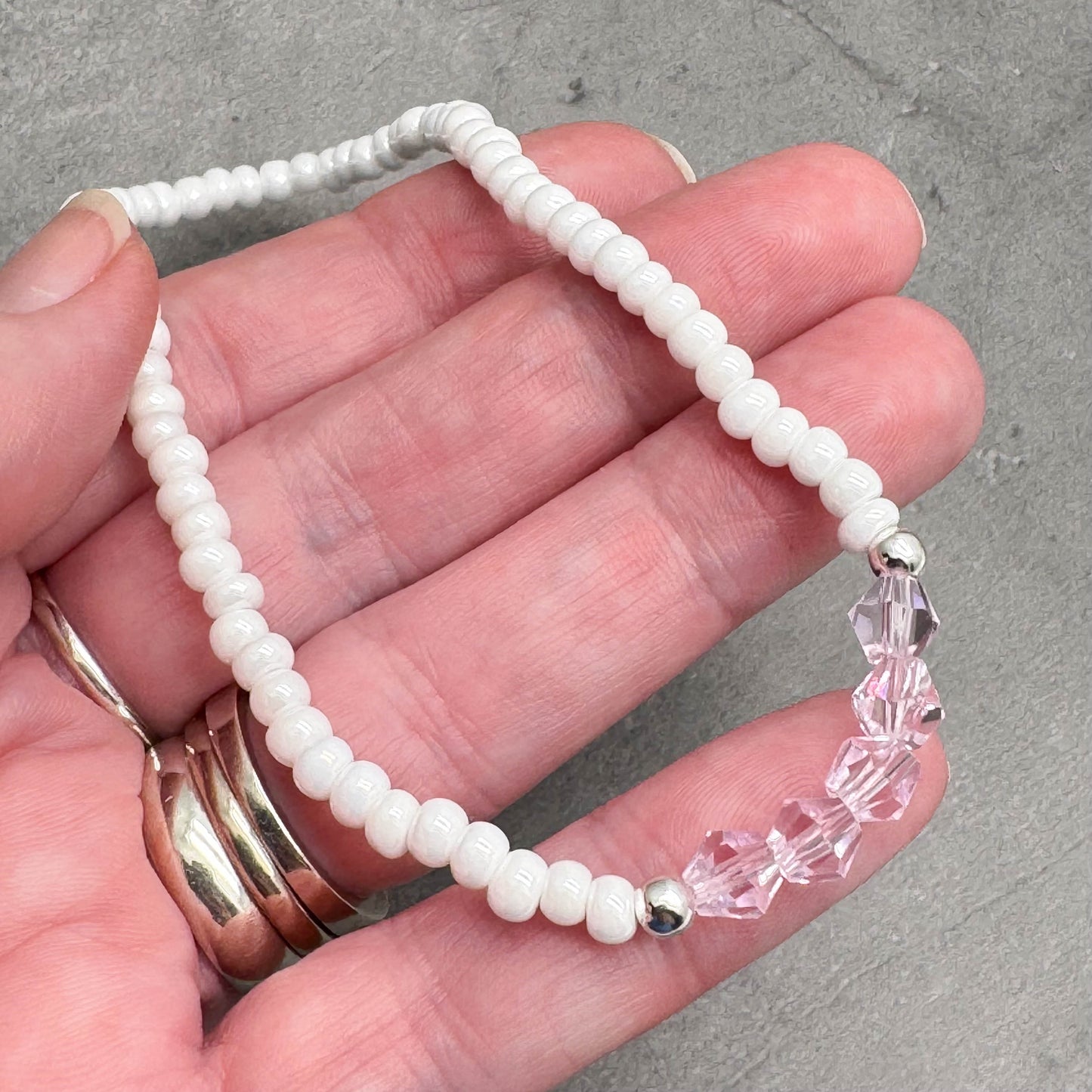 Pink Bicone White Glass Seed Bead Anklet