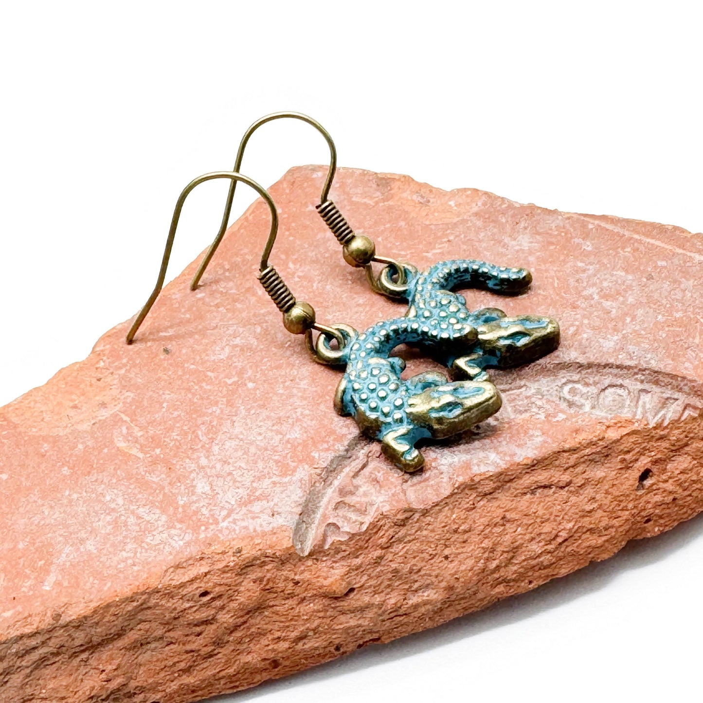 Crocodile Charm Earrings, Antique Bronze Tone Metal Charms